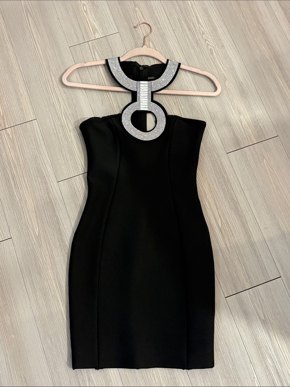 Louise James Strapless Black Cocktail Dress with Rhinestone Halter Detail